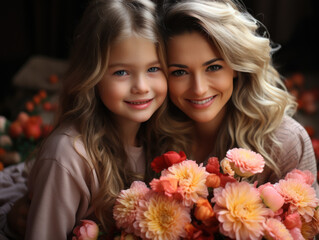 Photo of a smiling mother with her little daughter carrying a bouquet of flowers on mother's day