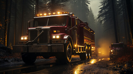 A fire truck driving through a forest.