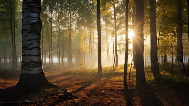An image of a sunset through a grove of trees, where the sun's rays make their way through the leaves and branches.