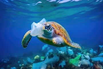 Fototapeta na wymiar Turtle's Battle for Survival Amidst Plastic Chaos