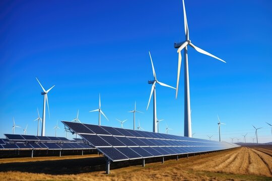 Solar farm with rows of panels and wind turbines in the background