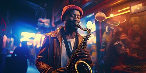 An African-American man playing saxophone in a bar. - obrazy, fototapety, plakaty