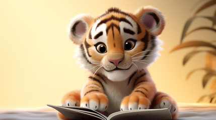 Fototapeta premium Cute small tiger reading a book. 