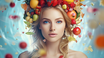 Beautiful woman with fresh fruits around her head. Close-up. Light blue background with water splashes. © Nonna