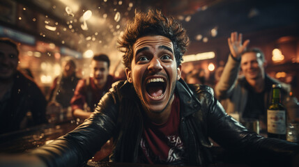 Excited friends, sports fans celebrating victory of favorite football team.