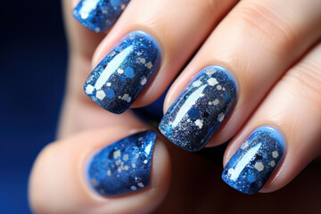 Vibrant blue fingernails color with glitter