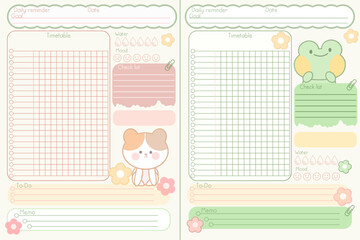 back to school Set Daily planner sheets with cute kawaii animals cat and frog. Soft color Blank template. Vector illustration. Minimal style. Clean style. Daily membership 