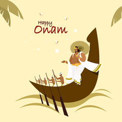 Illustration of King Mahabali and rowers in a boat. Concept forOnam festival in Kerala, India © AJay