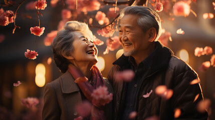 Obraz na płótnie Canvas Senior asian couple walking a blossoming sakura park.
