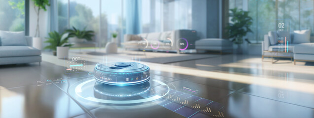 wireless futuristic vacuum hoover cleaning machine robot on schedule in a living room with HUD...