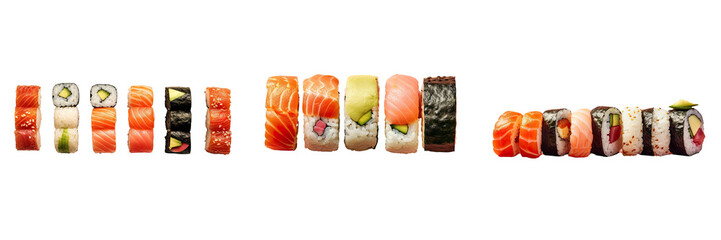 Various types of sushi maki displayed against a transparent background