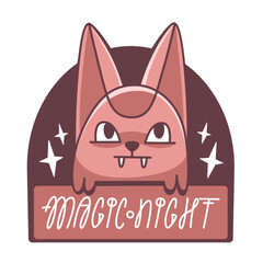 Cute cartoon vector cat on Halloween theme and Magical Night lettering.