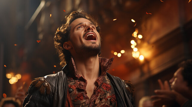 Opera tenor in a dramatic moment of the opera performance.