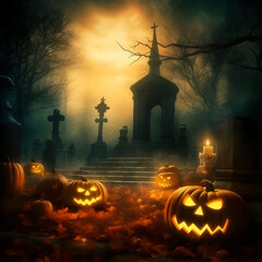 Carved pumpkins with evil faces on the cemetery. Halloween background. Generative AI