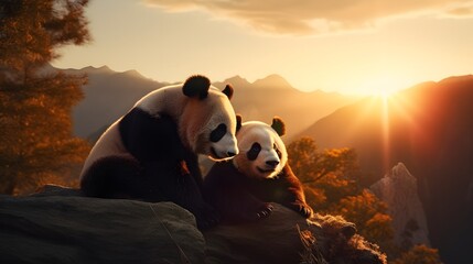 Summit of Affection: A Panda Couple's Beautiful Adventure in the Mountains - obrazy, fototapety, plakaty