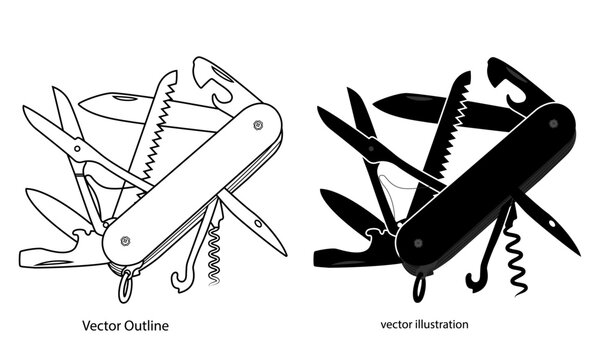 Pocket Knife icon, army knife, outline icon, Silhouette of Multitool Pocket Knife, vector illustration, Isolated on White Background