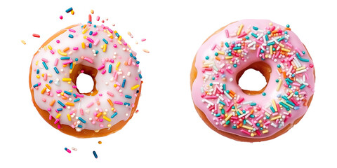 Decorated donut with cherry and sprinkles isolated on transparent background viewed from top