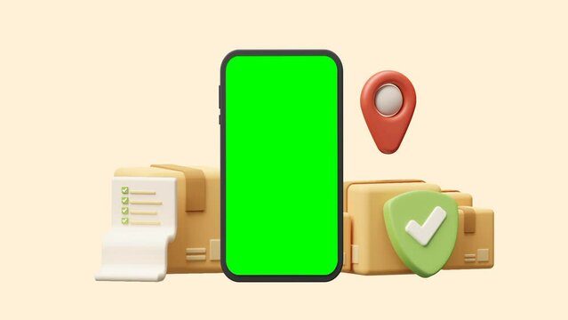 green screen smartphone and pile of cardboard boxes, shield and map pin 3d rendering, fast and safe delivery illustration
