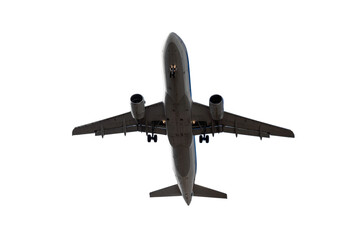 Airplane flying isolated on isolated on white transparent background, under view, PNG. 