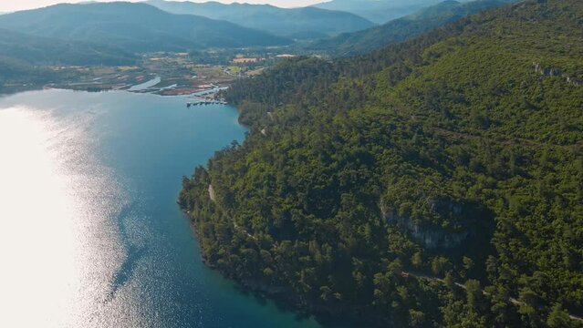 aerial drone view on beautiful seascape of mediterranean sea coastline at Marmaris Area, Turkey. turquoise water, paradise islands different shapes and sizes, cozy bays ideal for yachts and boats