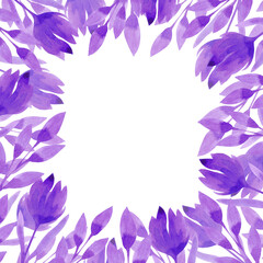 Purple abstract flowers and leaves frame border. Hand drawn watercolor isolated on white background. Can be used for cards, invitation, banner and other printed products.