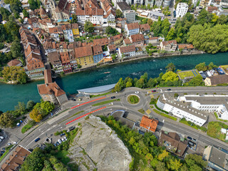 Aerial view of Swiss City of Baden with Limmat River, old town and bridge on a sunny summer noon. Photo taken August 19th, 2023, Baden, Canton Aargau, Switzerland.