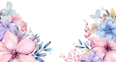 Fototapeta premium Elegant Pastel Blue, Pink Florals and Green Leaves Watercolor Frame with a Golden Border on Transparent Background 