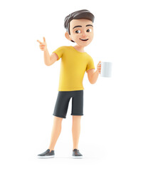 3d boy standing with a cup