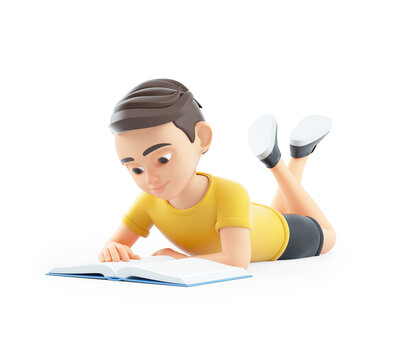 3d boy reading book lying down on floor