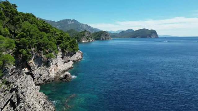 Montenegro Coastline of the Adriatic Sea at summer time. Natural landscapes of Montenegro. Balkans. Europe.	