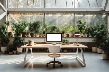 Photograph of an empty workspace for a modern startup. Generative AI.