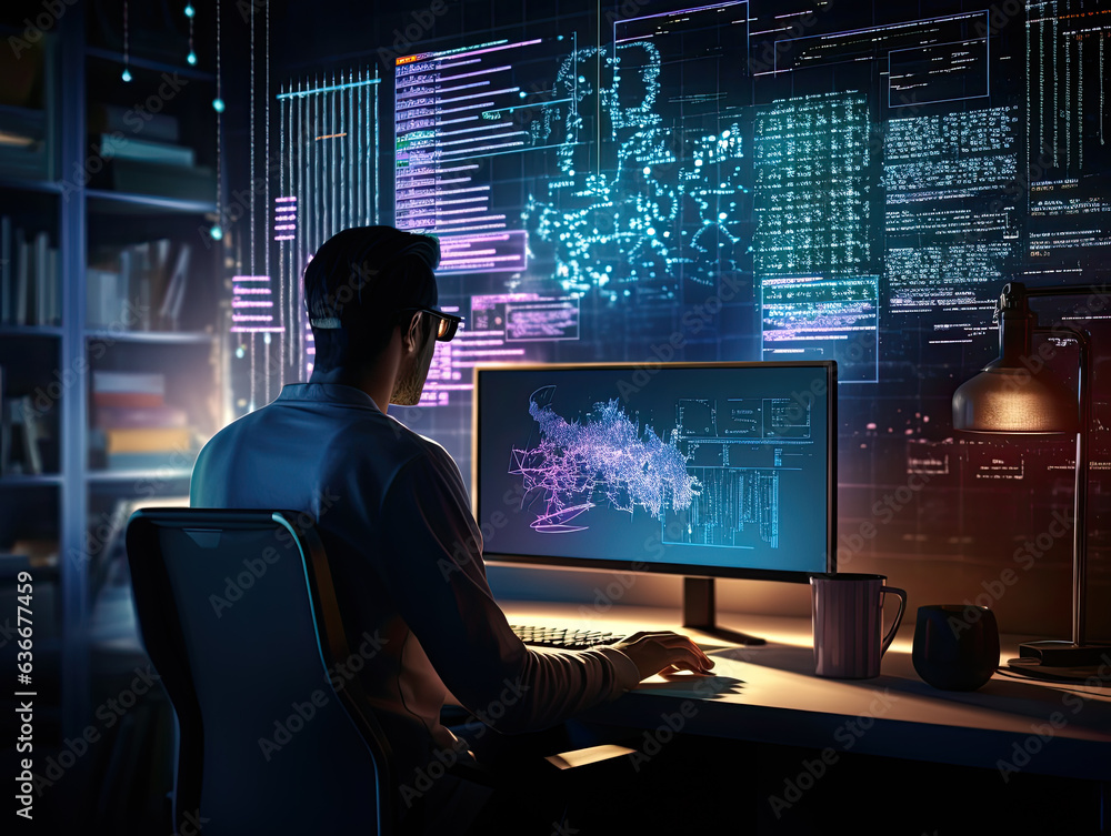 Wall mural on labor day, a dedicated coder meticulously fashions code, symbolizing tech's resolute commitment, 
