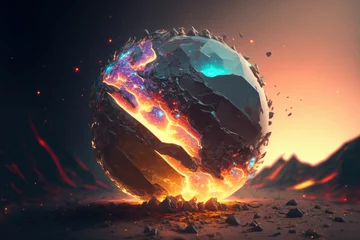 Foto op Canvas Planet explosion, meteor impact, planet shattering in half © DNY3D