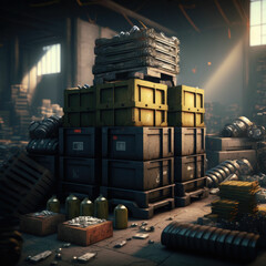 Stash of crates, military grade weapons, abandoned warehouse - obrazy, fototapety, plakaty