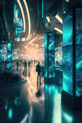 Futuristic vibrant marketplace at night with people