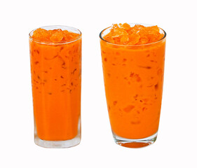 Iced milk tea color orange with crushed ice in glass on tall square and round shape fragrant sweet...