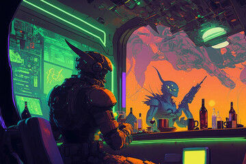 Cosmic social nexus: gathering of people at a futuristic space port bar