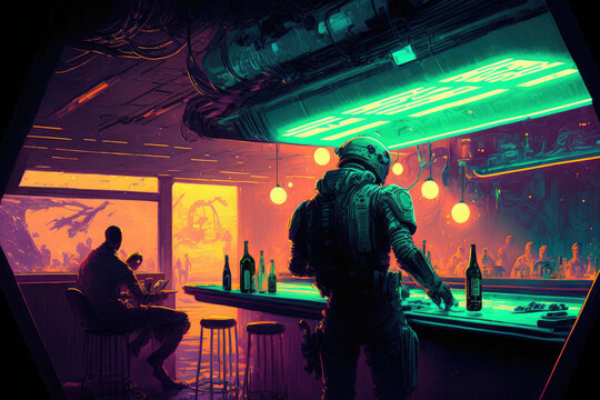 Cosmic social nexus: gathering of people at a futuristic space port bar