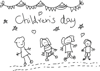 Happy Children's Day. Children Art style drawing with pencils sketch. Vector inscription and funny kids