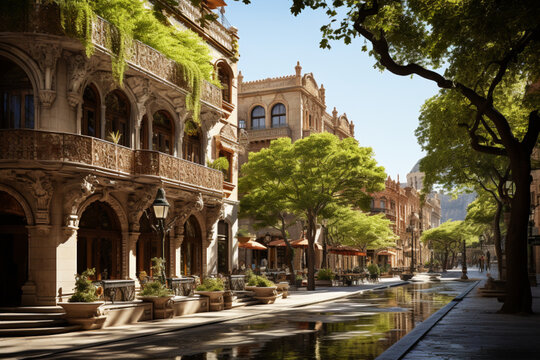 General view of old square showing traditional Barcelona Spanish architecture, tall green palm trees