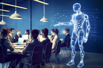 Several people gathered in modern office room, discussing together, AI technology,