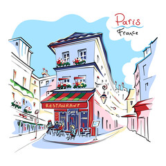 Vector colordrawing. Typical parisain restaurant on Montmartre, Paris, France. - obrazy, fototapety, plakaty