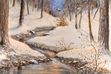 Detail of a winter landscape oil painting with a stream flowing through a forest with cabins in the background. Christmas Holiday concept.