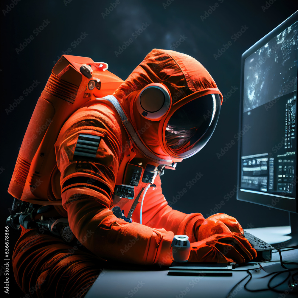Poster astronaut wearing orange suit working on the computer terminal