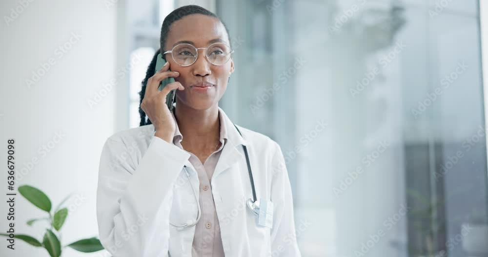 Poster Phone call, doctor and woman laugh in hospital for conversation, consulting or telehealth contact. Happy african surgeon talk on cellphone in medical clinic for funny communication, support or advice