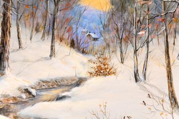 Detail of a winter landscape oil painting with a stream flowing through a forest with cabins in the background. Christmas Holiday concept.