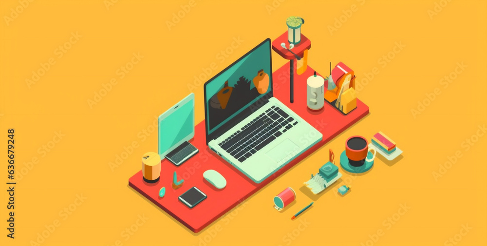 Poster desktop colours laptop computer web design gadget business view technology background. generative ai