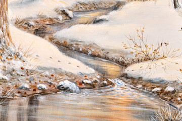 Detail of a winter landscape oil painting with a stream flowing through a forest with cabins in the background. Christmas Holiday concept.