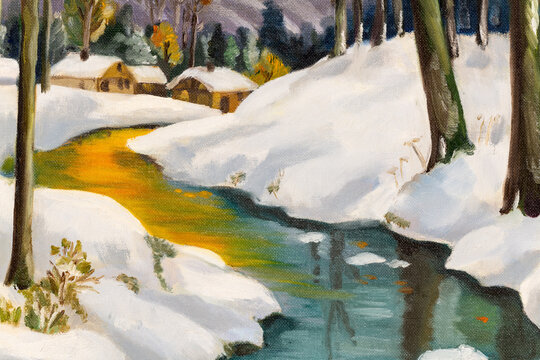 Close up of Winter Landscape Oil Painting
