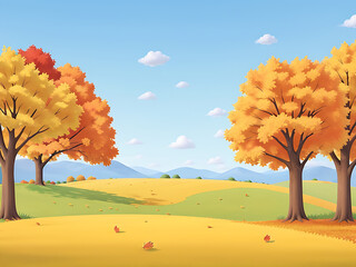 Landscape of a beautiful autumn park. Beautiful Autumn Trees, Falling Colorful Leaves, Clouds and the Sky. Vector cotton illustration